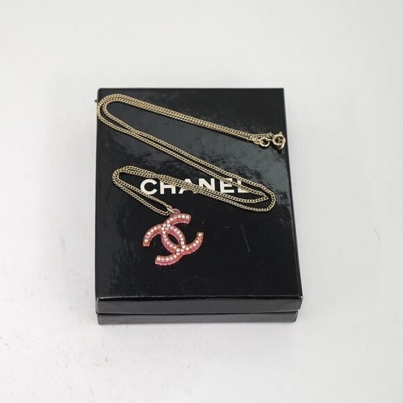 CHANEL CC Logos Rhinestone Pink Lucite Necklace 23" Gold Tone 04A Auth w/Box - Picture 6 of 7